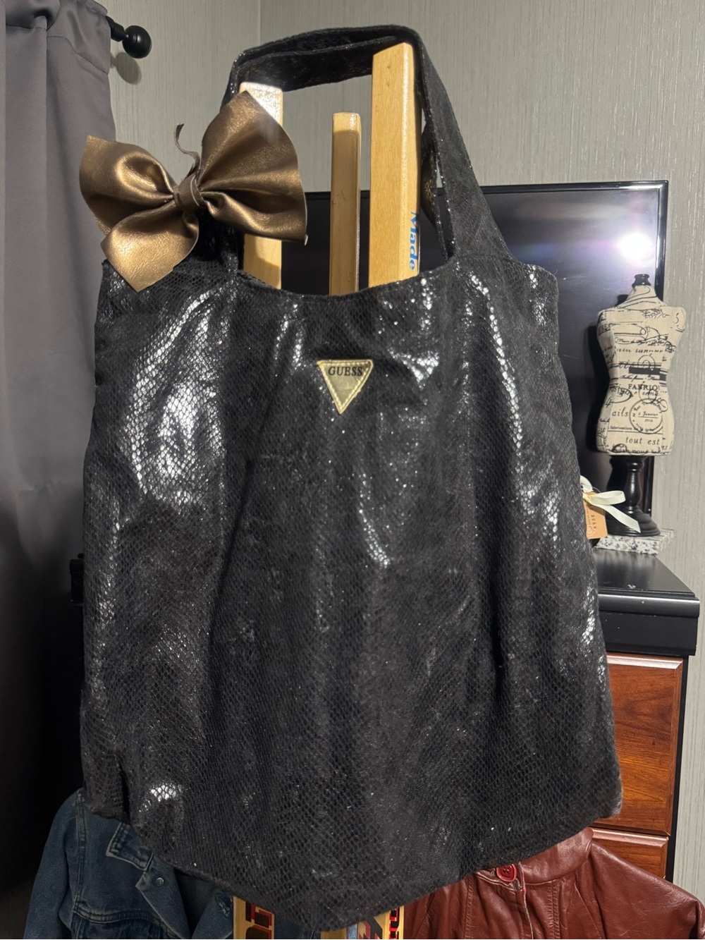 Vintage GUESS Y2K Black Metallic Snake Embossed fabric Tote Bag with Gold Bow!